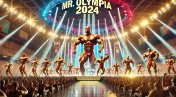 DALL·E 2024 10 12 19.28.33 A vibrant scene of the Mr. Olympia 2024 bodybuilding championship with massive bodybuilders competing on stage bright spotlights highlighting their m 780x470 1