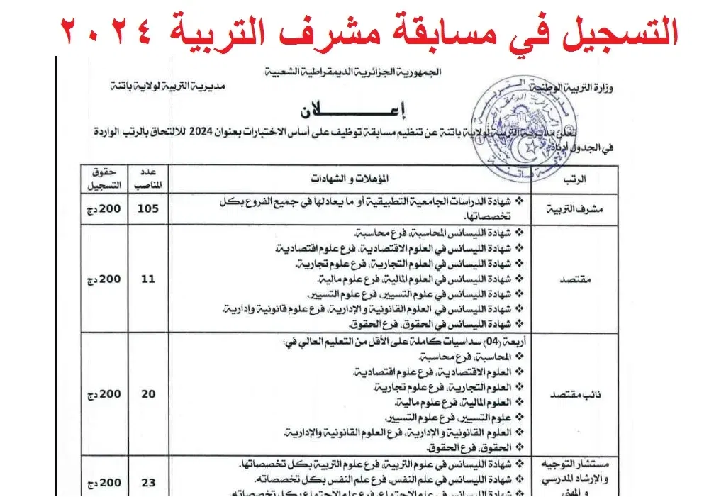 «انتهز الفرصة» رابط التسجيل في مسابقة مشرف تربية 2024 من خلال الموقع التابع للديوان الوطني للإمتحانات والمسابقات