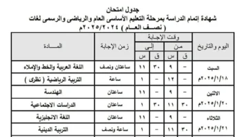 126094 جدول امتحانات الشهادة الإعدادية بالقليوبية بعد التعديل 1