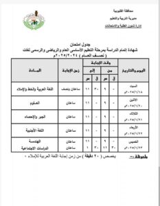 جدول امتحانات الصف الثالث الاعدادي