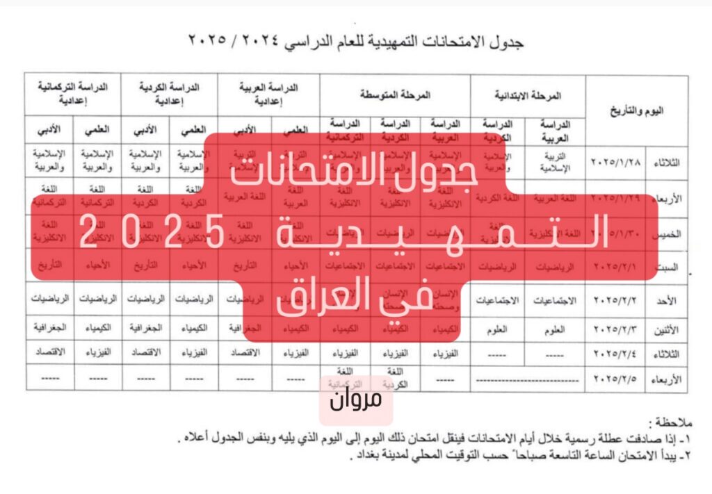 جدول الامتحانات التمهيدية 2025 في العراق جميـع المراحـل التعليمية.. بدأ العد التنـازلي