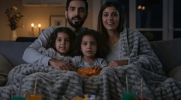 A group of happy Arab children watching TV with HD quality, colorful and vibrant, living room background.